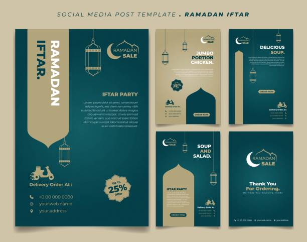 Set social media post template in Green and brown islamic background design. Iftar mean is breakfasting and marhaban mean is welcome. Set social media post template in Green and brown islamic background design. Iftar mean is breakfasting and marhaban mean is welcome. social media template with islamic background design wild posting ad stock illustrations