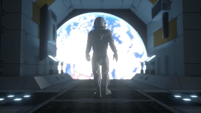 Astronaut in outer space. Futuristic astronaut concept. Alone astronaut in futuristic space ship