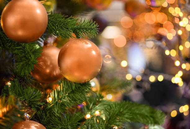 istock Golden Christmas balls on the Christmas tree 1364643938