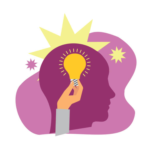 Creative mind or creative idea concept. Human head silhouette and hand holding bulb lamp vector art illustration