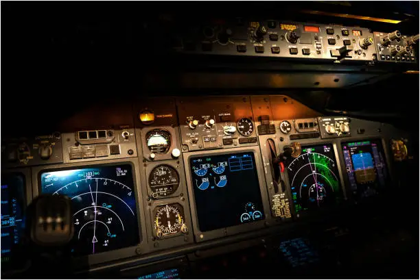 Night flight in an airplane cockpit