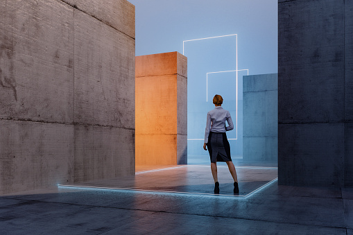 Lost businesswoman standing in concrete maze, 3D generated image.