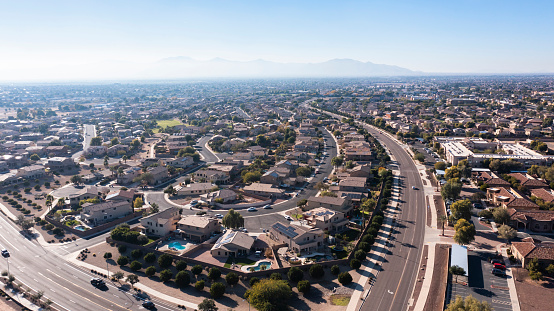 Afternoon aerial view of suburban homes in Surprise, Arizona, USA.