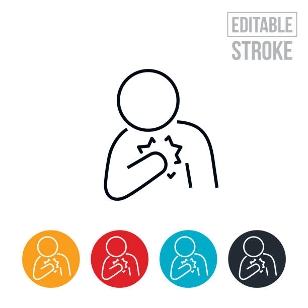 Person With Chest Pain Thin Line Icon - Editable Stroke An icon of a person holding chest with pain. The icon includes editable strokes or outlines using the EPS vector file. chest pain stock illustrations