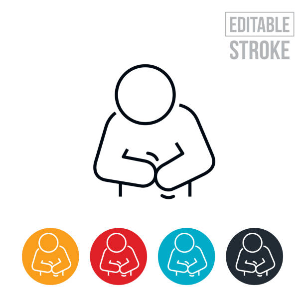 ilustrações de stock, clip art, desenhos animados e ícones de person with abdominal pain thin line icon - editable stroke - stomachache illness pain indigestion