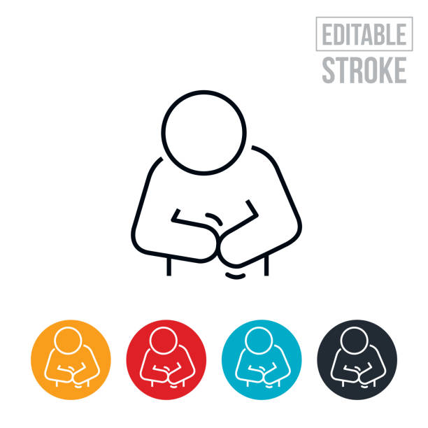 Person With Abdominal Pain Thin Line Icon - Editable Stroke An icon of a person holding abdomin in pain. The icon includes editable strokes or outlines using the EPS vector file. stomach ache illustrations stock illustrations