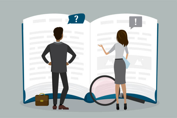 ilustrações de stock, clip art, desenhos animados e ícones de two business people or employees reads open guide book or user manual. finding answers, solving problems, faq concept. teamwork, brainstorming. - instruction manual