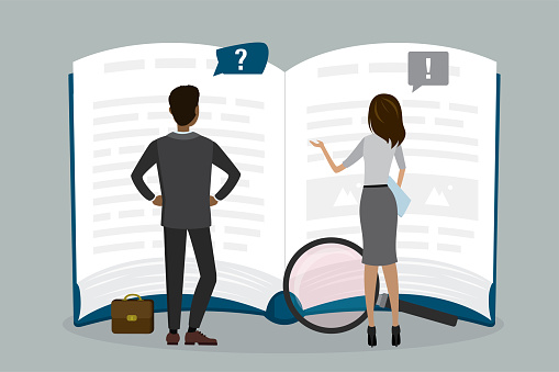 Two business people or employees reads open guide book or user manual. Finding answers, solving problems, FAQ concept. Teamwork, brainstorming. Office managers need help. Flat vector illustration