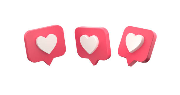 icono de social media heart en diferentes ángulos, como icono, icono 3d, corazón, concepto de aplicaciones de comunicación social en línea, mensaje, como notificación aislada sobre fondo blanco. renderizado 3d - botón me gusta fotografías e imágenes de stock