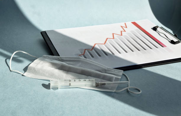 istock Medical mask, syringe and a folder with a graph on a light blue background. Medicine concept. 1364654203