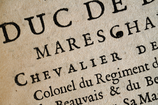 High resolution detail of text from a 17th Cnetury book, French, Chevalier
