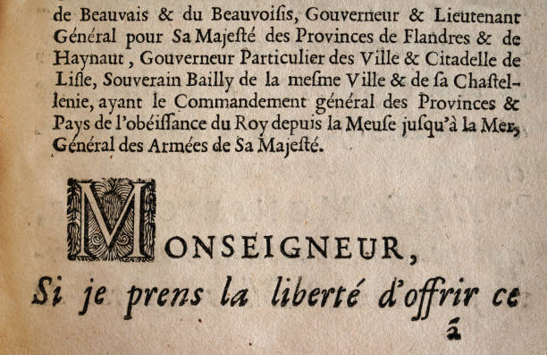 istock High resolution detail of text from a 17th Century book, French, Monseigneur, Historic document 1364654828