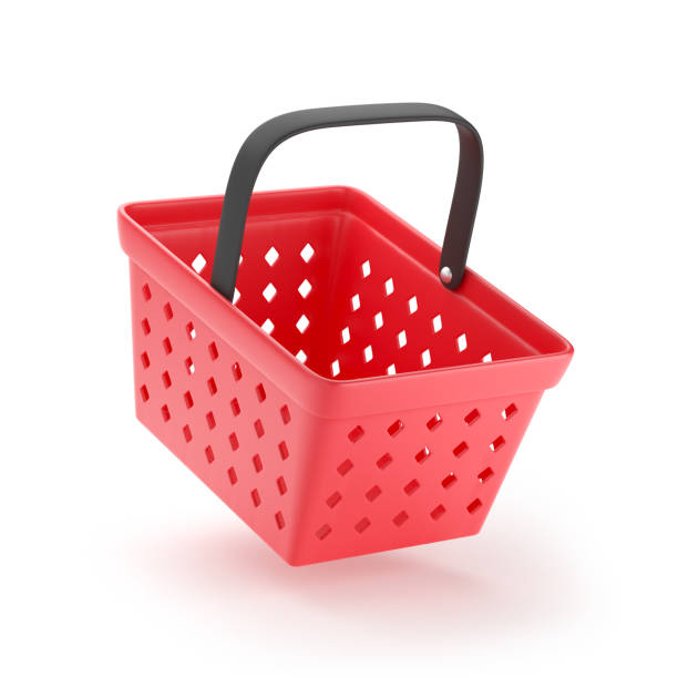 Supermarket basket, shopping cart for groceries Shopping basket. Red plastic grocery or food cart for supermarket, cartoon style, isolated on white. 3d rendering animal drawn stock pictures, royalty-free photos & images