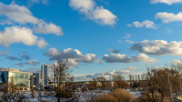 um jovem parque da cidade contra um céu azul brilhante com nuvens. paisagem urbana. primeira neve na cidade. - central park - fotografias e filmes do acervo