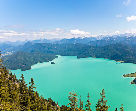 Panoramic aerial view of lake Walchensee with the Karwendel and Wetterstein mountains in background. Bavaria, Germany, Europe.