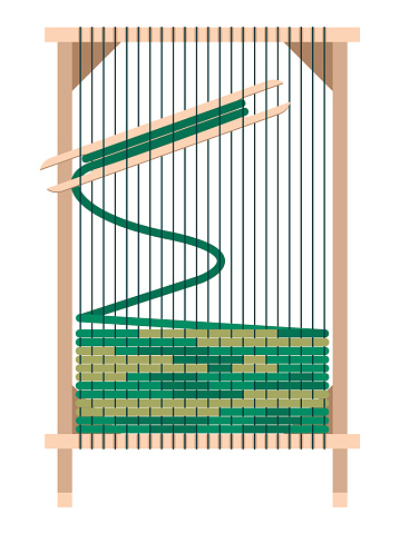 Vector graphics - rectangular wooden loom with stretched threads and rows of green yarn for hand carpet weaving isolated on a white background. Concept - home hobby and needlework