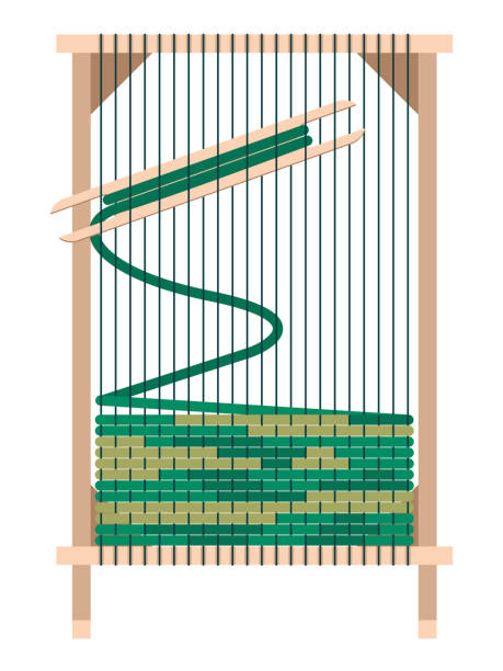 loom with stretched threads and rows of green yarn for hand carpet weaving Vector graphics - rectangular wooden loom with stretched threads and rows of green yarn for hand carpet weaving isolated on a white background. Concept - home hobby and needlework loom stock illustrations