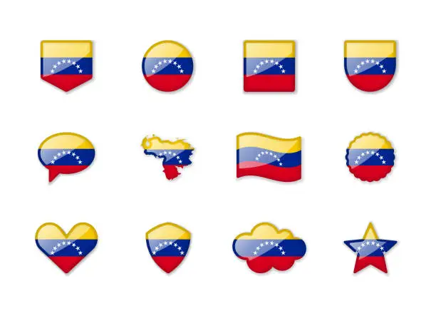 Vector illustration of Venezuela - set of shiny flags of different shapes.