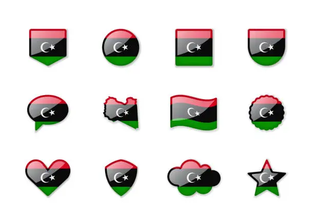 Vector illustration of Libya - set of shiny flags of different shapes.