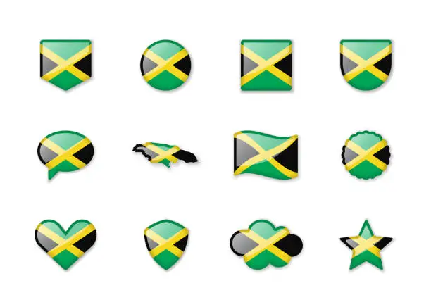 Vector illustration of Jamaica - set of shiny flags of different shapes.
