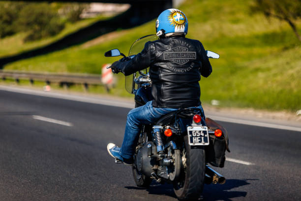 Motorcyclist drives a Harley Davidson at full speed on the national highway 8 stock photo