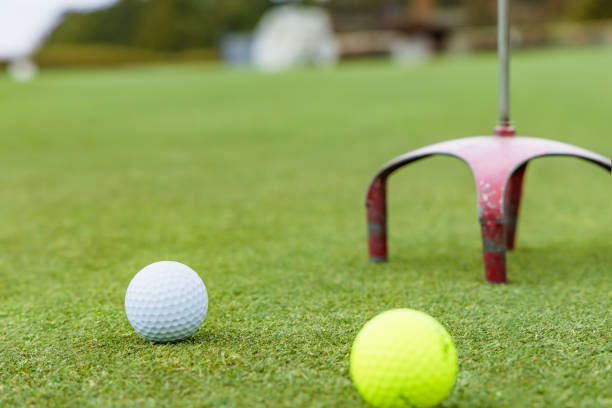 istock Golf course putting green and pure white golf ball 1364670440
