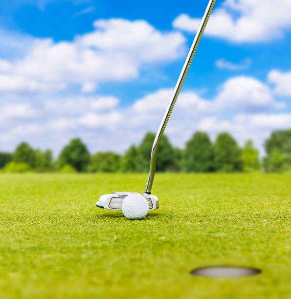 istock Golf course putting green and pure white golf ball 1364670444