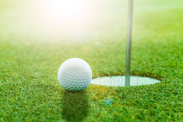 istock Golf course putting green and pure white golf ball 1364670460