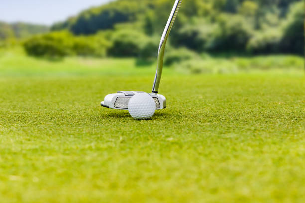 istock Golf course putting green and pure white golf ball 1364670681