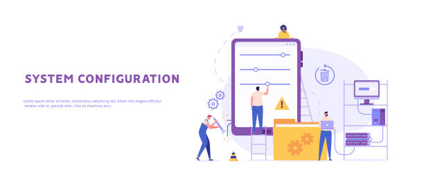 illustrations, cliparts, dessins animés et icônes de configuration du système et concept de réglages. service informatique contrôlant le système téléphonique et l’application mobile. administrateur système se connectant au réseau. réparateur corrige les erreurs. illustration vectorielle pour la co - internet banner network server technology