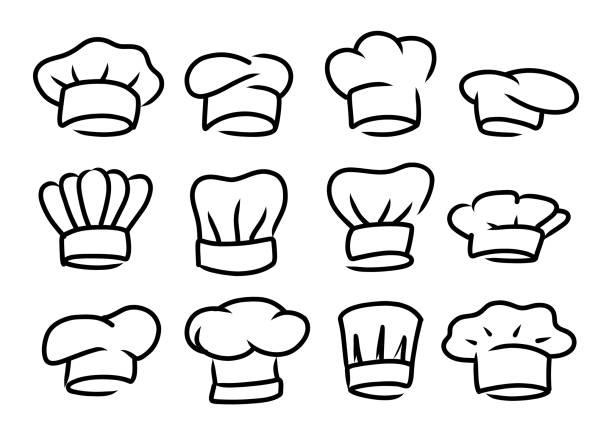 ilustrações, clipart, desenhos animados e ícones de ícones de cozinha chef. logotipos de tampa de cozinha vetorial para restaurante - chapéu de cozinheiro