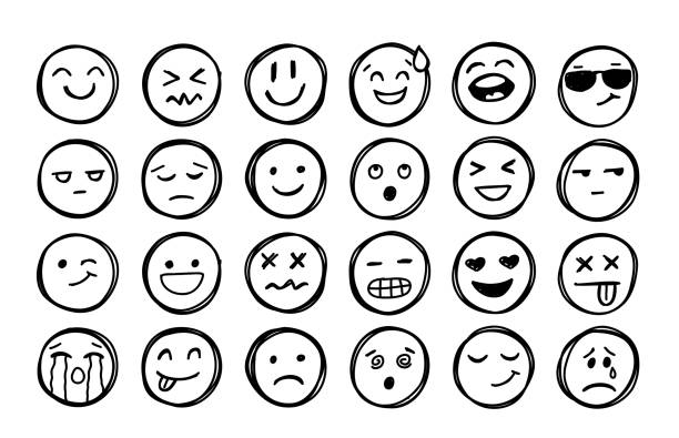 ilustraciones, imágenes clip art, dibujos animados e iconos de stock de sonrisas dibujadas a mano. doodle de caras de emoción. colección de emoticonos lindos vectores a mano alzada - expresión facial