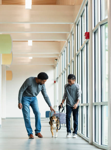 istock Boy and father walking dog down pet shelter hallway 1364683681