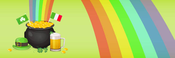 ilustrações de stock, clip art, desenhos animados e ícones de saint patricks day greeting banner made with leprechaun hat, pot of gold, shamrock and glass of beer. vector illustration with clover, rainbow and flags. - saint patricks banner green beer patrick leprechaun hat