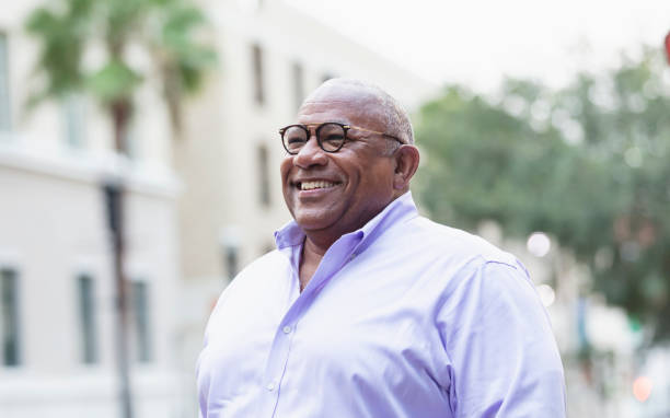 istock Senior black man with large build, in city 1364683773
