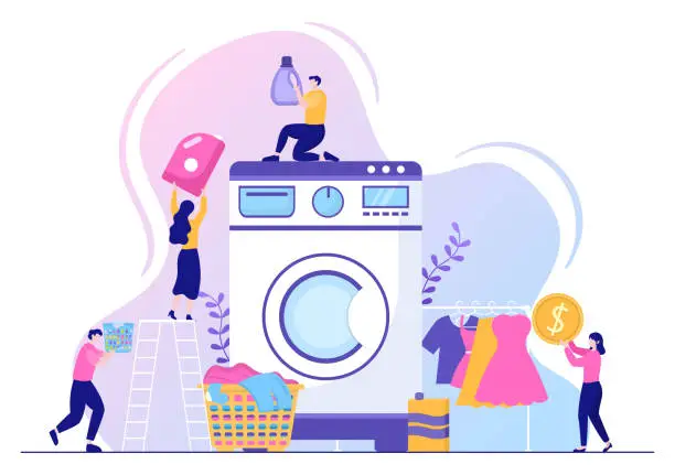 Vector illustration of Laundry with Wash and Drying Machines in Flat Background Illustration. Dirty Cloth Lying in Basket and Women are Washing Clothes for Banner or Poster