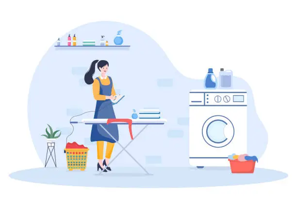 Vector illustration of Laundry with Wash and Drying Machines in Flat Background Illustration. Dirty Cloth Lying in Basket and Women are Washing Clothes for Banner or Poster