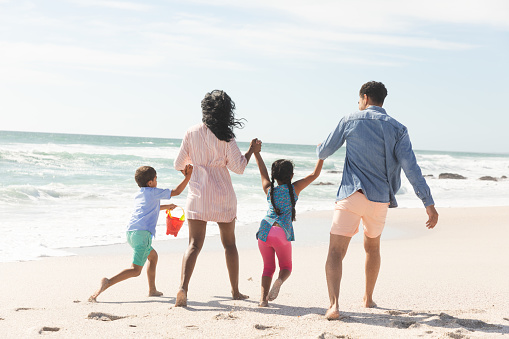 Full length rear view of playful multiracial family holding hands walking at beach during sunny day. lifestyle and weekend.