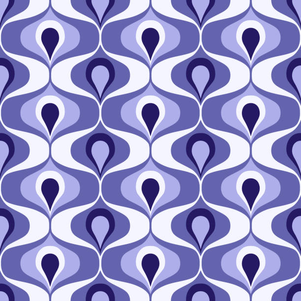 Very Peri retro ogee ovals vector seamless pattern Retro 70s style geometric ovals pattern in periwinkle colors and white wallpaper sample stock illustrations