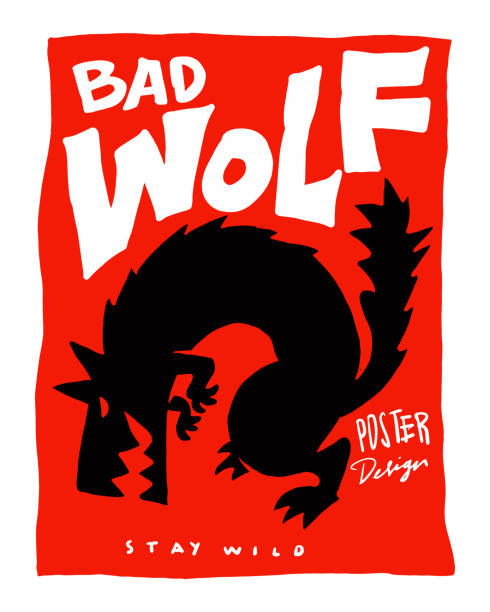 angry wolf poster design on red background. angry wolf poster design on red background. silhouette wild wolf in graphic vector design for poster, flyer, and print. the bad wolf text. wild dog stock illustrations