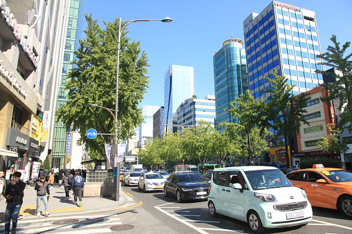 Seoul, South Korea - October 12, 2018: Sinsa-dong is located in Gangnam area with lots of boutiques and coffee shops