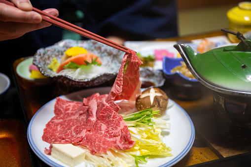 A typical assortment of food you'll be served when you stay at a Ryokan in Japan. Featuring thin slices of raw Wagyu to be cooked in the shabu shabu style.