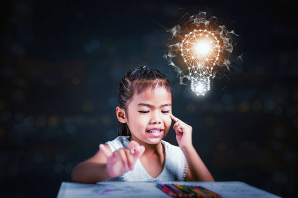 Girls pointing fingers at their brains to act in thought and side be glowing light bulb and the surrounding glass shatters, Idea of exploding ideas to bring to success, Concept of new and innovative stock photo