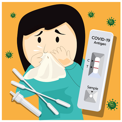 Vector illustration of COVID-19, Antigen test kit (ATK) with results on orange background, sneezing, infection