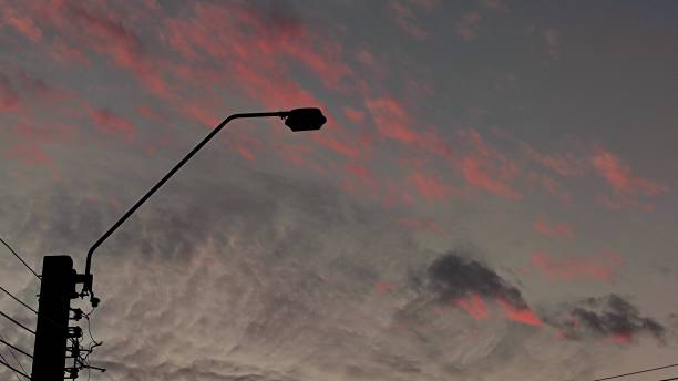 istock Silhouette unlit street light lamp during sunset. dark sky and pink cloud. city infrastructure. 1364705321