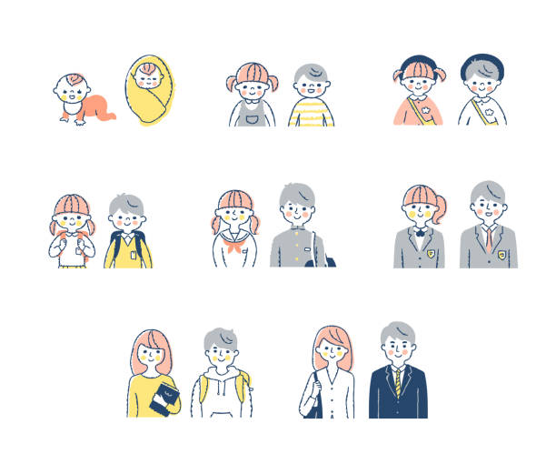 ilustrações de stock, clip art, desenhos animados e ícones de growth stages from babies to working adults men and women set - adult student college student school uniform student