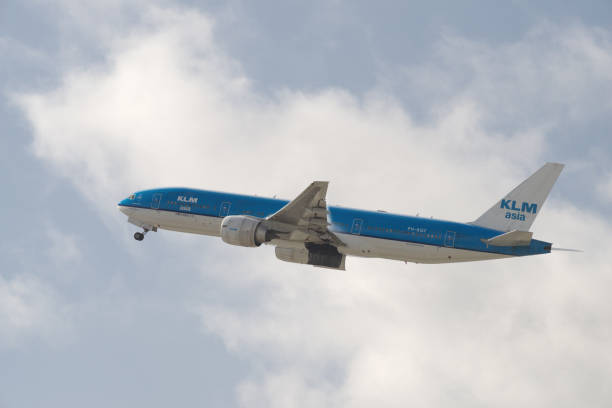 KLM 'Asia' Boeing 777-206ER Los Angeles, California, USA - March 10, 2019: image of KLM Boeing 777-206ER with registration PH-BQF shown departing LAX, Los Angeles International Airport. klm stock pictures, royalty-free photos & images