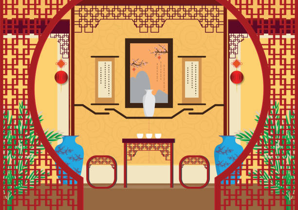 ilustrações, clipart, desenhos animados e ícones de fundo interior moderno da sala de estar chinesa com móveis em estilo chinês. - china pattern chinese culture paintings