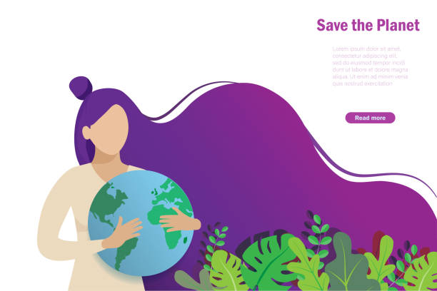 ilustraciones, imágenes clip art, dibujos animados e iconos de stock de salvar el planeta y el bosque. mujer sostiene planeta verde en el brazo - mother nature