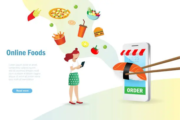 Vector illustration of Woman online oder food on smart phone with virtual reality foods. Online foods and drink delivery, shopping service and e-commerce internet mobile application.